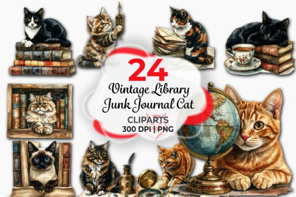 Download Vintage Library Junk Journal Cat Clipart - Premium Bundle